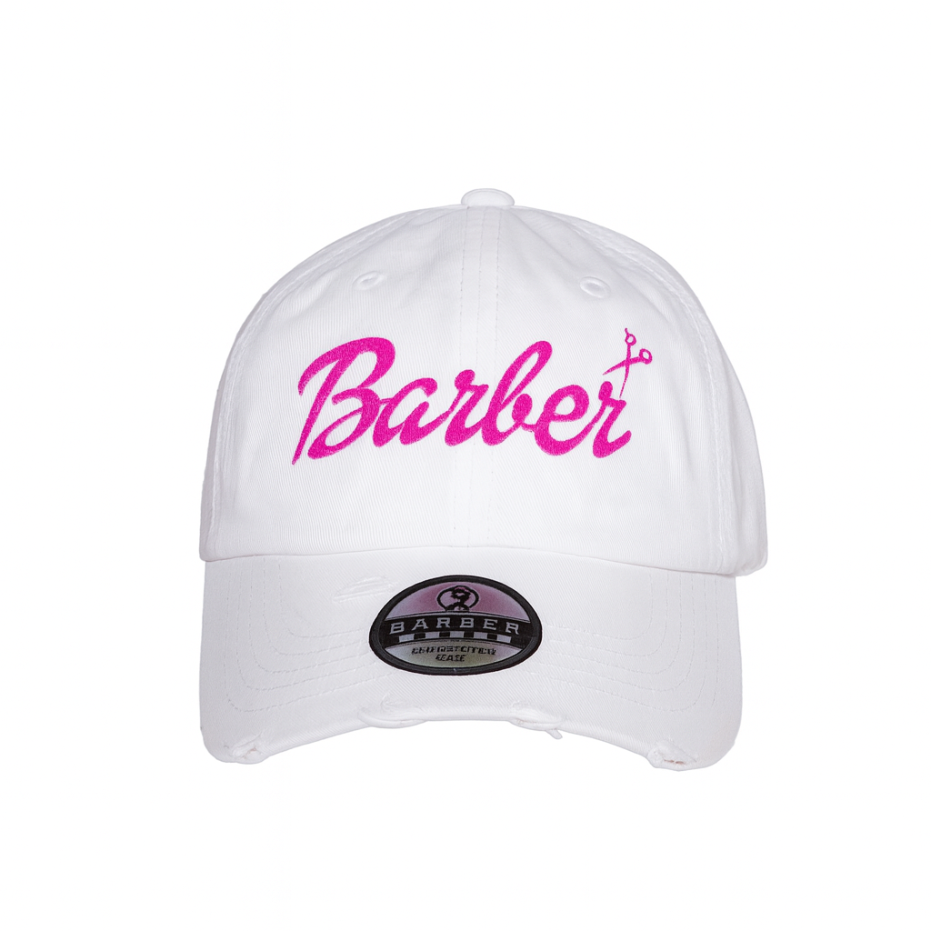 White Barbie Barber Distressed Dad Hat – Adjustable Embroidered Logo (Customizable)