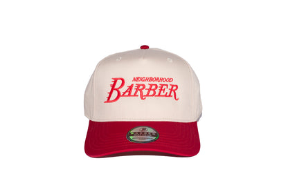 Neighborhood Barber 5-Panel Snapback Hat – Two-Tone Cream & Red Embroidered Logo
