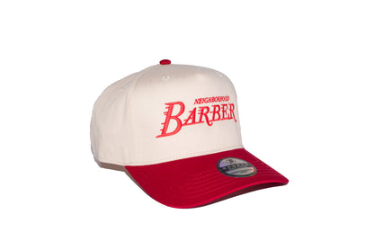 Neighborhood Barber 5-Panel Snapback Hat – Two-Tone Cream & Red Embroidered Logo