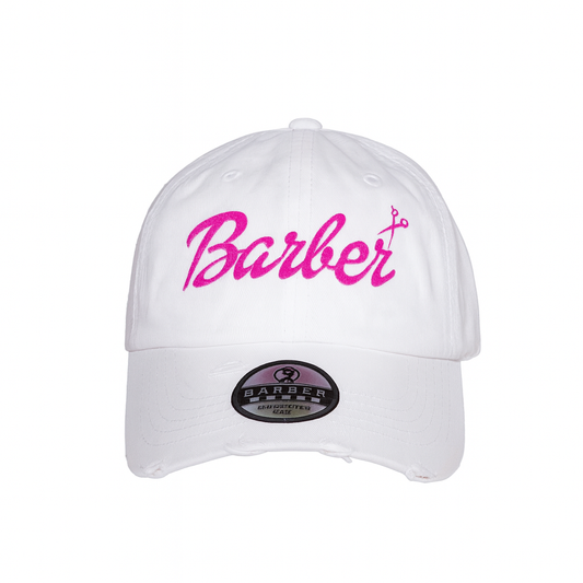 White Barbie Barber Distressed Dad Hat – Adjustable Embroidered Logo (Customizable)