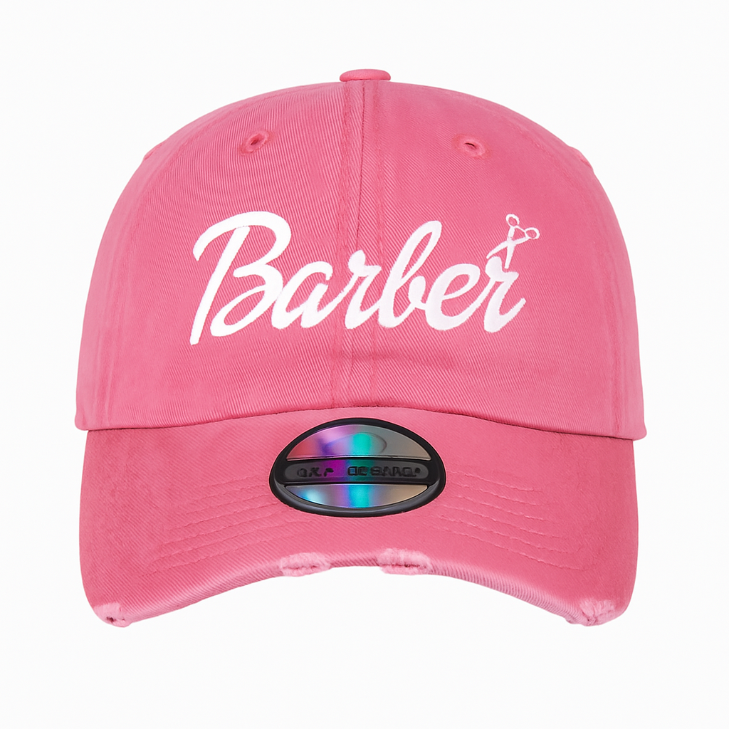 Pink Barbie Barber Distressed Dad Hat – Adjustable Embroidered Logo (Customizable)