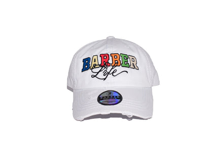 Barber Life Distressed Dad Hat – Adjustable White Embroidered Cap