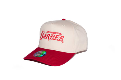 Neighborhood Barber 5-Panel Snapback Hat – Two-Tone Cream & Red Embroidered Logo